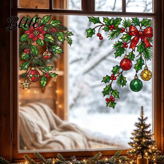 Translucent Glass Decoration 2Pcs Christmas Static Window Clings Corner Wreath No‑Glue Decals with Holly Festive Home Decor Xmas Balls Bow