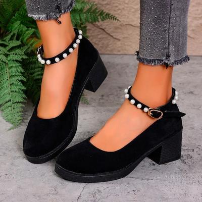 Мода 2025 Женские туфли-лодочки Мэри Джейн больших размеров на высоком каблуке, с круглым носком, ремешком с пряжкой и бусинами, на толстом каблуке, для ретро-офиса и карьеры