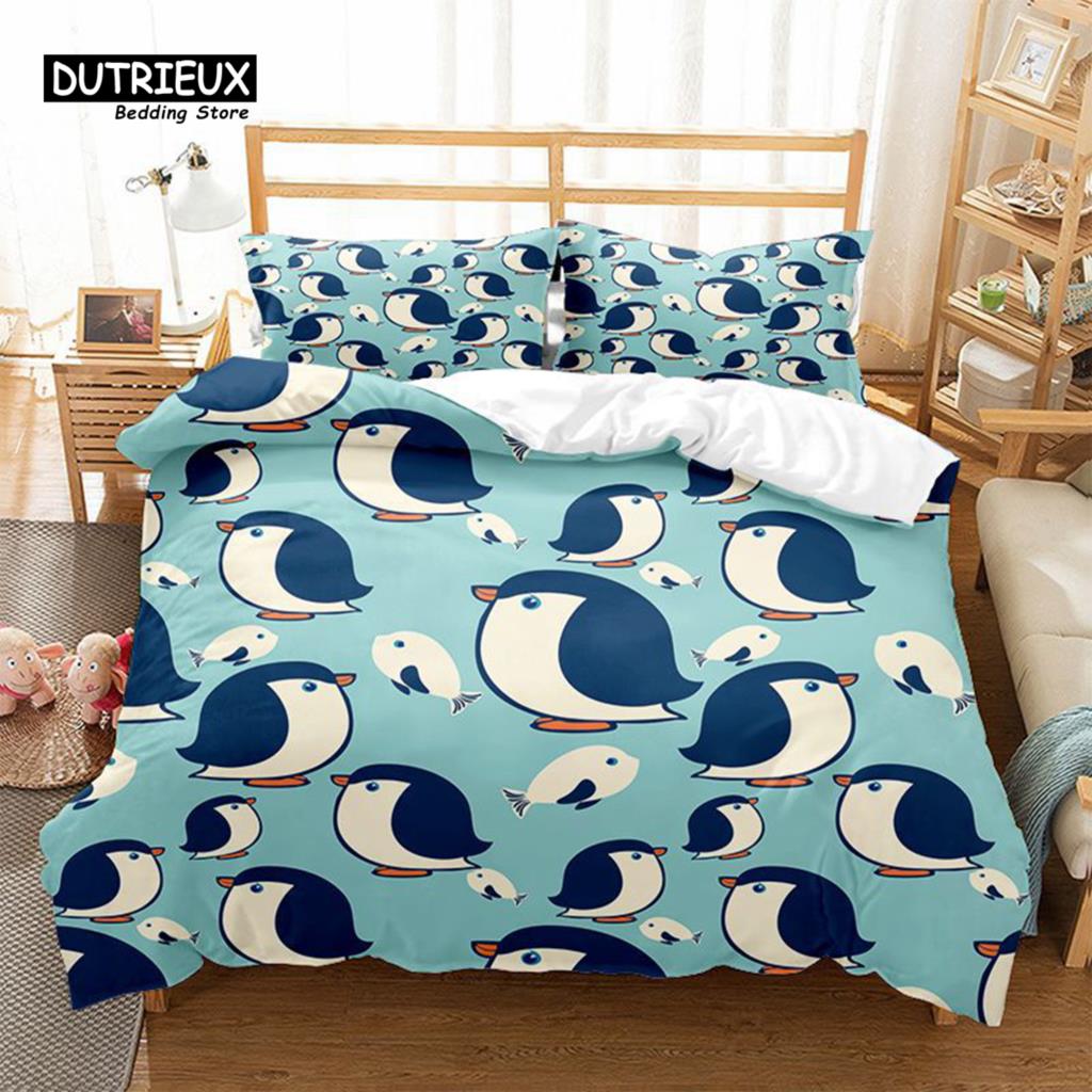 Милый комплект постельного белья с пингвинами, мультяшные животные, пододеяльник, комплект для близнецов, для мальчиков и девочек, декор комнаты, принт, одеяло, чехол с наволочками