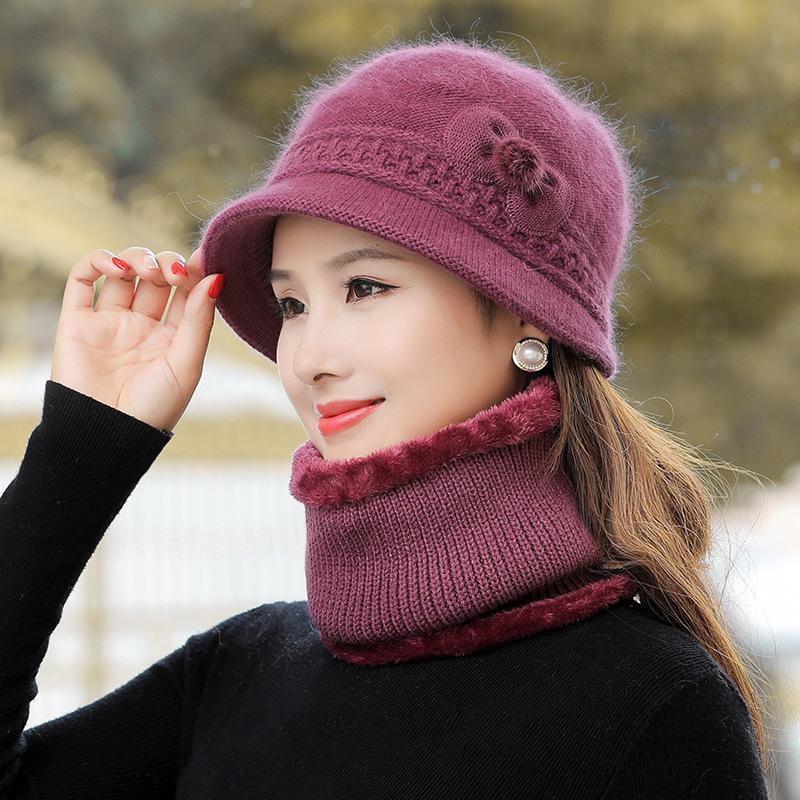 Женская осенне-зимняя вязаная шапка из кроличьего пуха с модным цветком