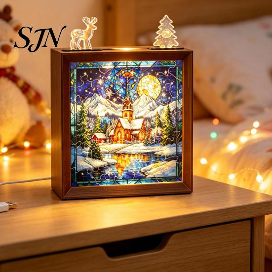 DIY Bedside Lamp Decor Christmas Acrylic Puzzle Night Light, Wooden Frame Hand-Assembled Jigsaw Soft Glow Light Lamp, Creative Home Desktop