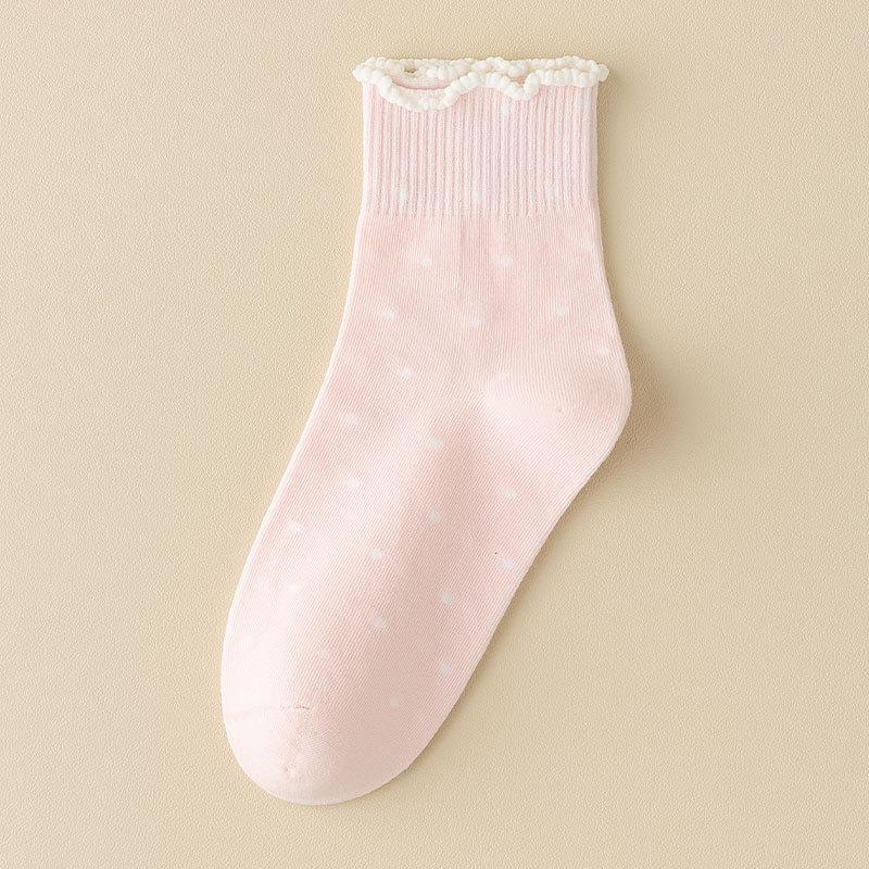 Черные носки с кружевом из древесного гриба для женщин, стиль весна и осень, махровые носки, хлопковые носки, летние носки в горошек с отворотом, бесшовные носки до середины икры