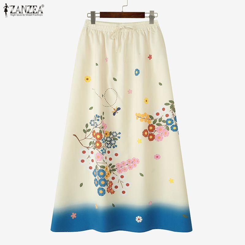 ZANZEA Women Casual Elastic Waist Loose Print Long Skirts