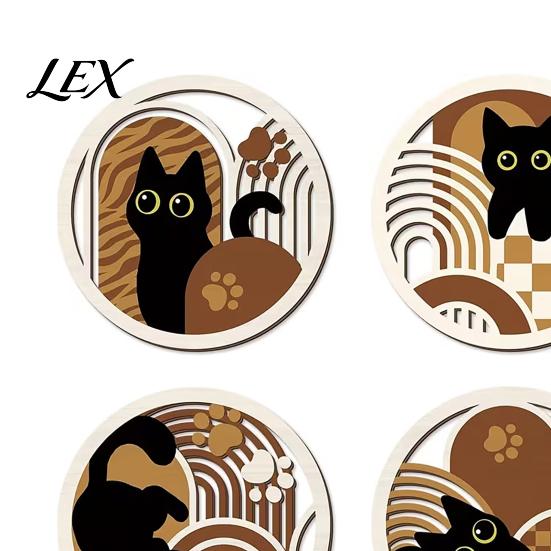 Creative Home Wall Embellishments 4Pcs Wooden Cat Decor, 2D Flat Geometric Hollow Art Prints for Living Room Art, Modern Minimalist Hanging