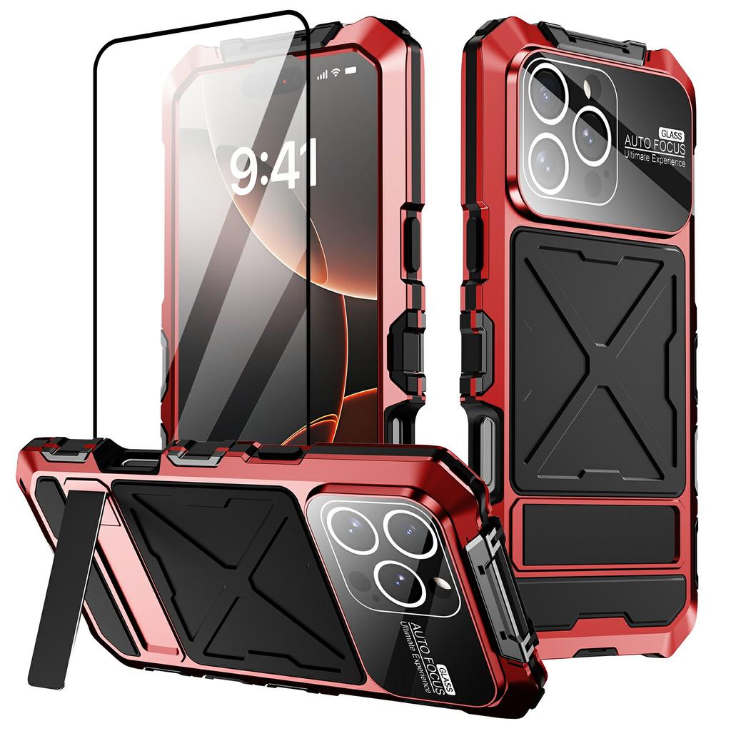 For iPhone 16 Pro Max Case Silicone + Metal Kickstand Anti Drop Three-Layer Protection Cover