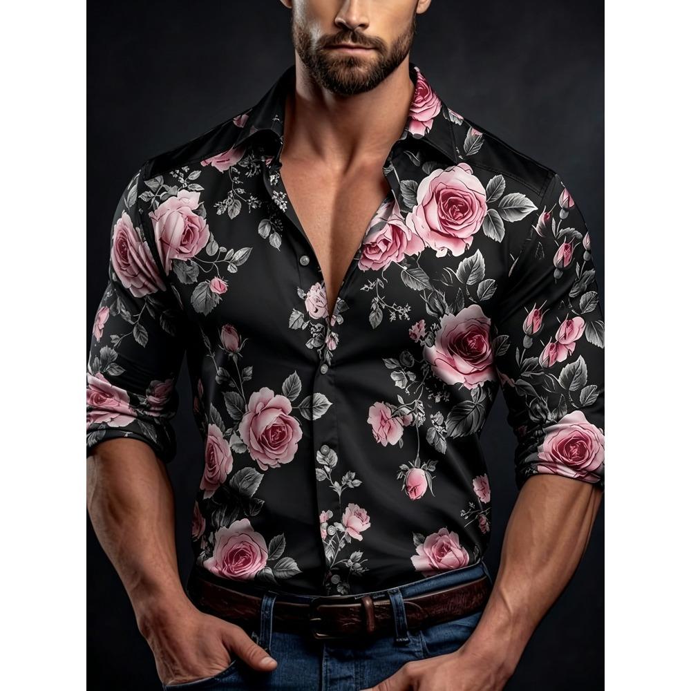 Мужская рубашка с длинным рукавом и контрастным принтом роз, с воротником slim fit, для отпуска, вечеринок и уличной моды