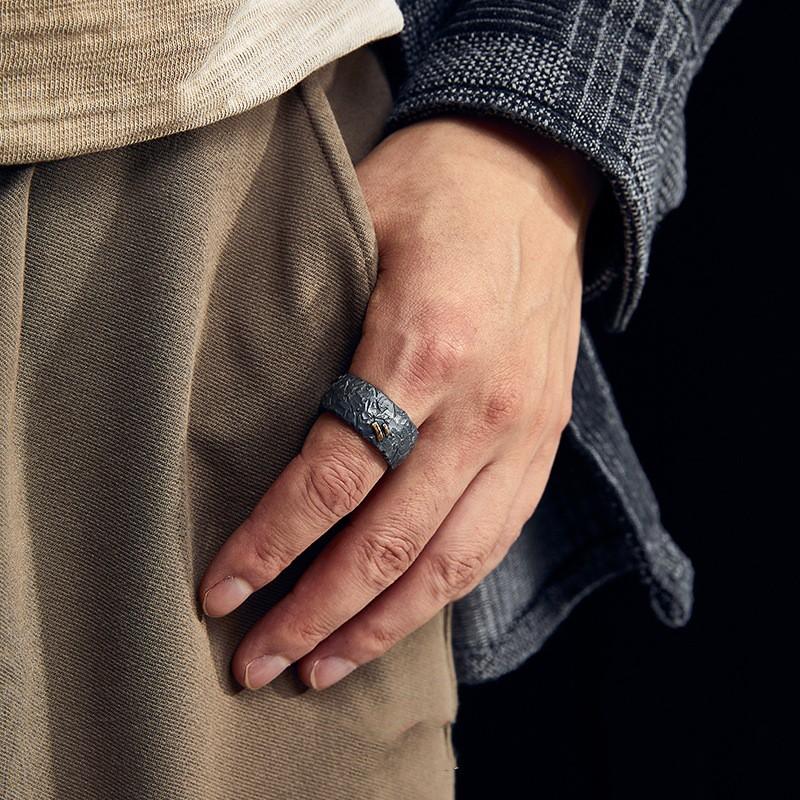 Adjustable Vintage Mens Finger Ring With Distressed Texture Geometric Design Handmade Brass Statement Index Or Middle