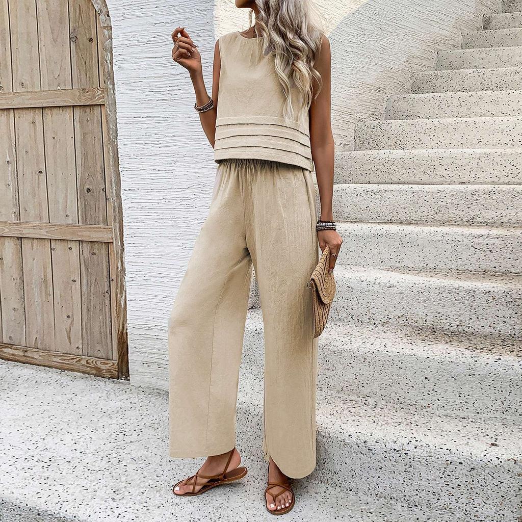 Женский модный повседневный однотонный короткий топ без рукавов с эластичной резинкой на талии, комплект из двух предметов