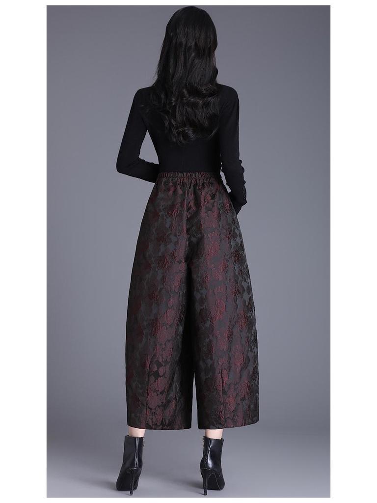 Women's Fleece-Lined Embossed Jacquard Wide-Leg Cropped Tulip Pants - Plus Size, Autumn/Winter, Casual Bootcut, High Quality