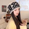 Retro Color Matching Rhombus Versatile Thickened Warm Hat for Women Autumn and Winter Face Showing Small Woolen Hat Trendy