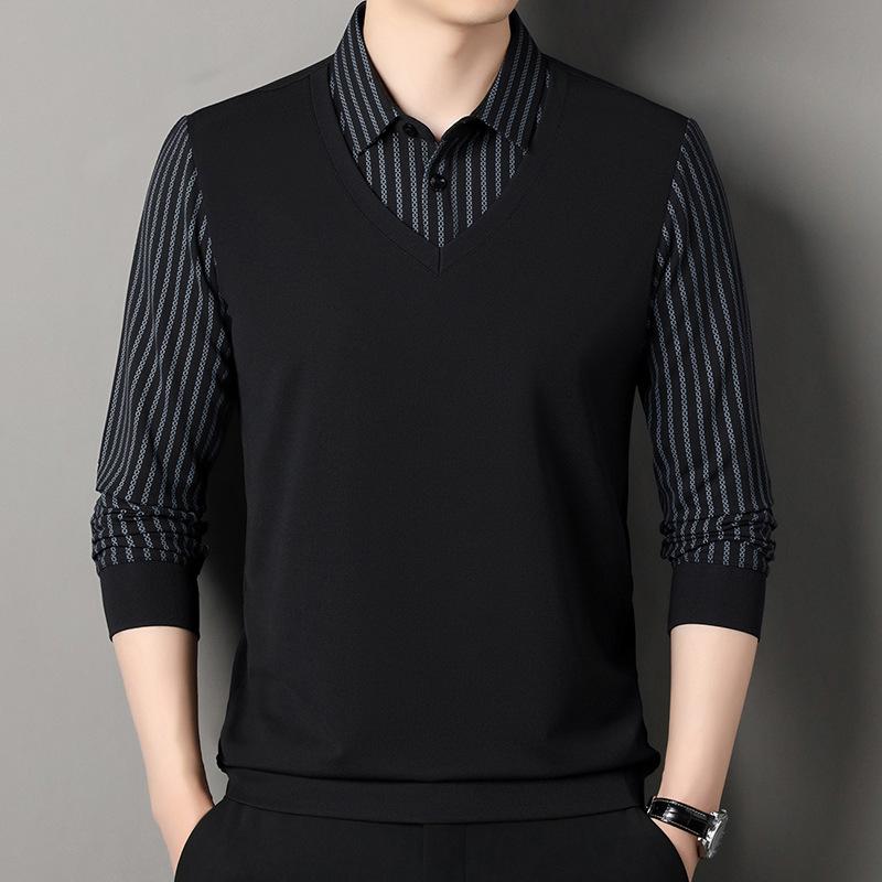 Поддельный двухсекционный трикотажный свитер, деловая повседневная футболка, свободная мужская рубашка-поло с длинными рукавами, базовая модель