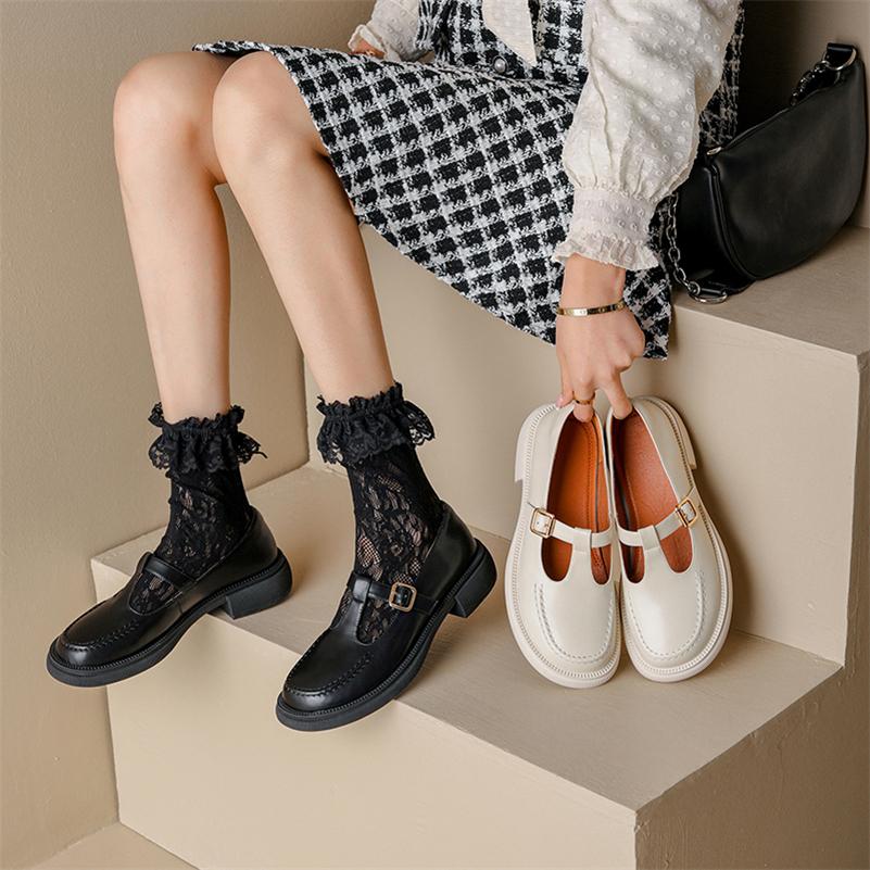 Meotina Туфли из натуральной кожи на плоской подошве с Т-образным ремешком, женская повседневная обувь с пряжкой, модная женская обувь с круглым носком, весенне-осенний цвет бежевого цвета, 40