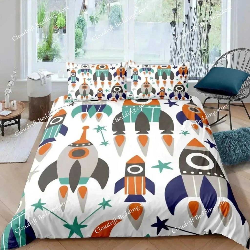 Комплект постельного белья «Ракета» King Size, комплект постельного белья «Космический корабль», микрофибра, космический корабль, звезды, планета, мультяшный стиль, пододеяльник