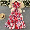 Flower Printing Maxi Dresses for Women Ruffles Turn Down Collar Big Hem Elegant Dress Flying Sleeves Single Breasted Dresses