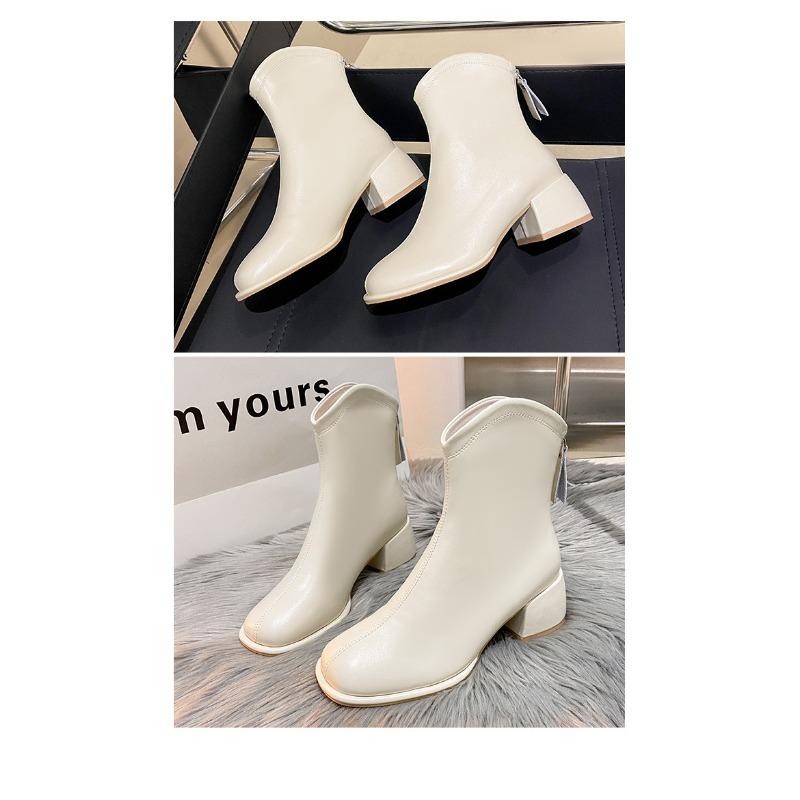 V-neck Short Boots for Women, Thick Heel, Square Toe, Back Zipper, Big Boots