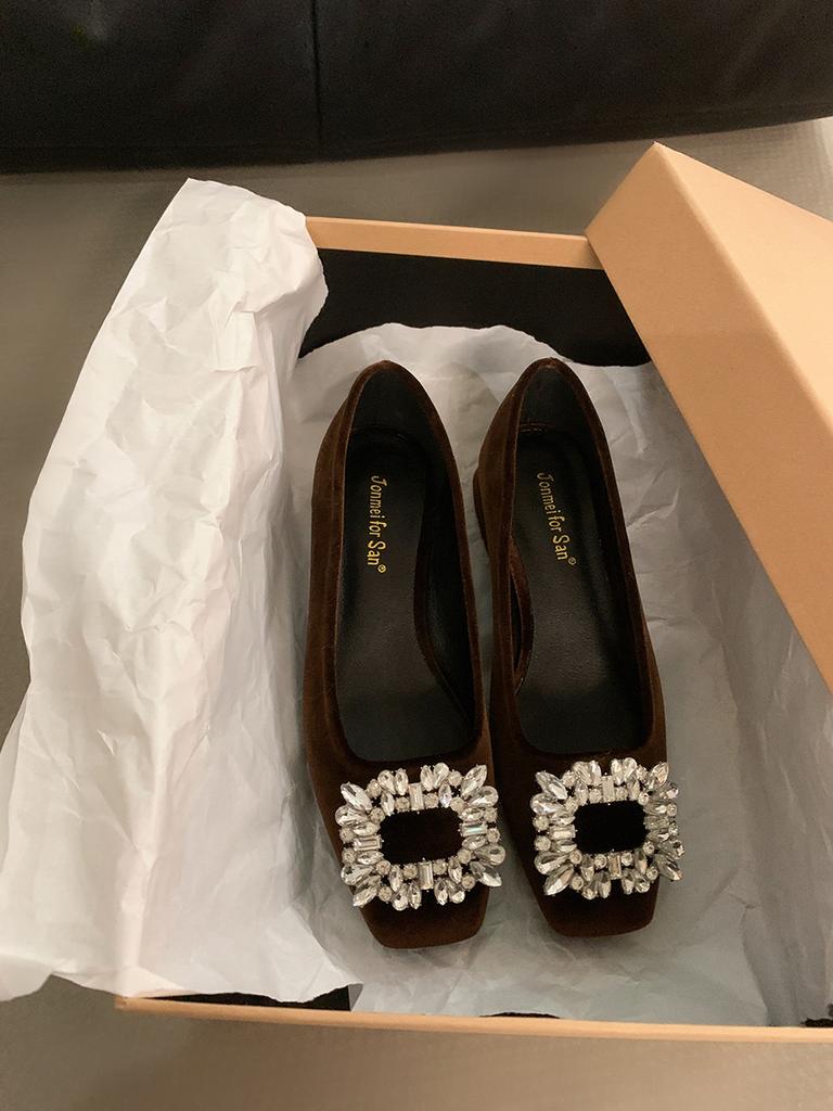 Coarse Heel French Rhinestone Temperament Single Shoes Women's Shoes 2025 New Spring and Autumn Black Square Head High-end Commuting Shoes