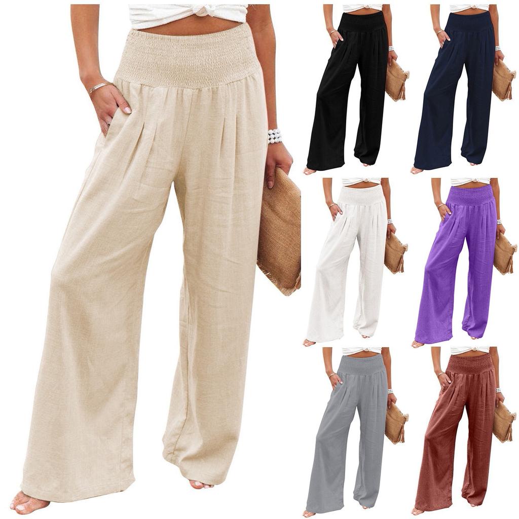 Women's Casual Loose High Waist Cotton Linen Wide Leg Long Pants With Pockets