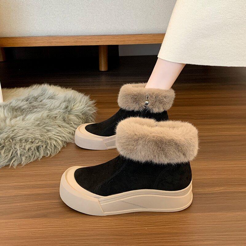 Ботильоны женские на меховой платформе для снега, замшевые балетки, плюшевые теплые хлопковые туфли, тренд 2025 года, удобные зимние модные повседневные ботинки для женщин