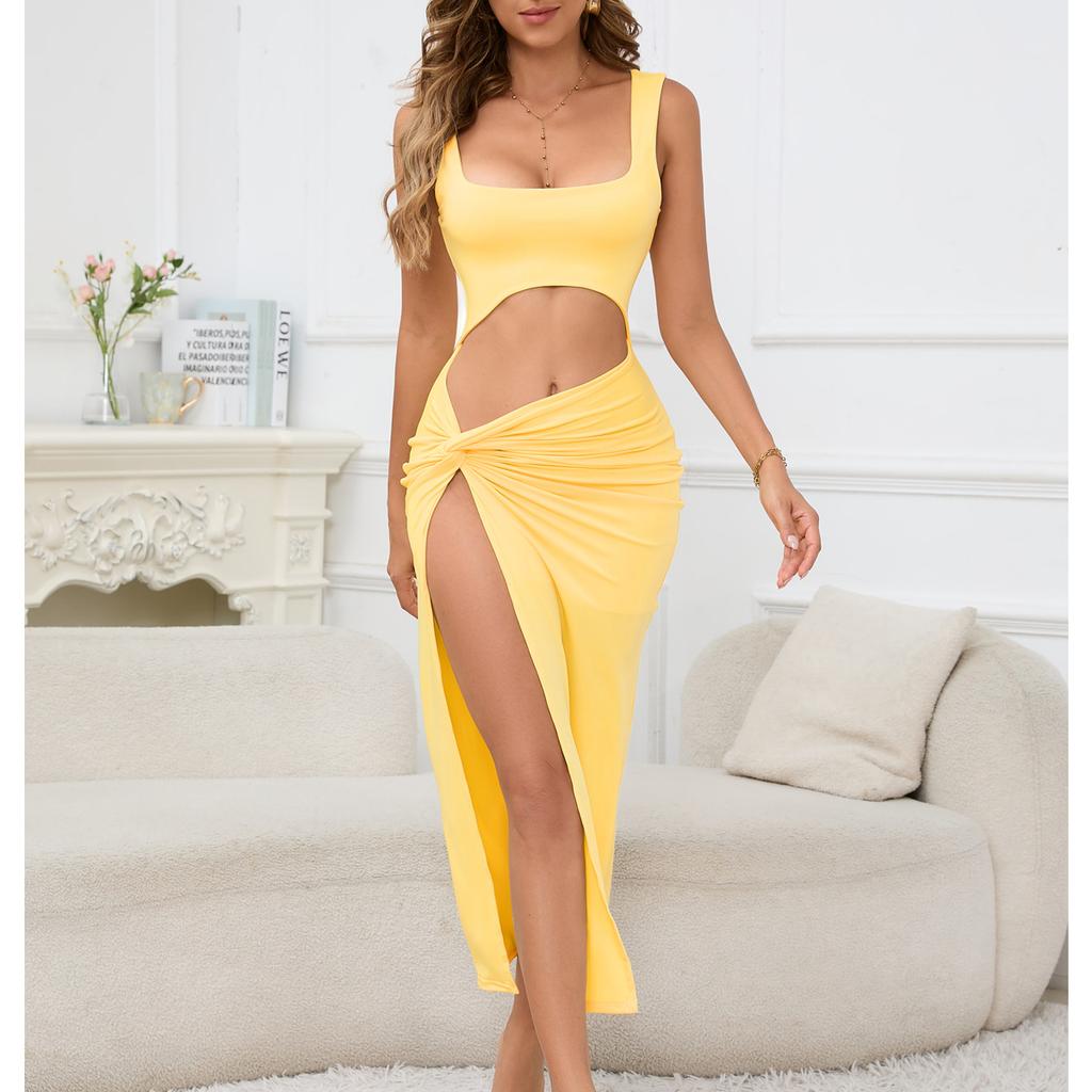 Women Long Dress Solid Color Hollow Navel Sexy Dress