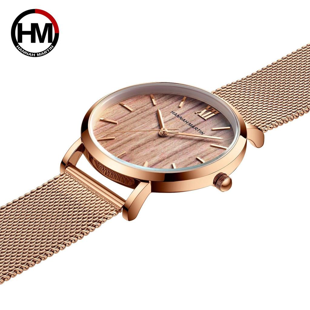 Hannah Martin Wood Grain Walnut Japan Quartz Movement Ladies Watches Luxury Brand Mesh Band Waterproof Women Wrist Watches