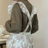 Long Retro Printed Cotton Ruffled Kitchen Apron with Pockets Summer Pleated Women's Cross-back Apron Water-resistant Pinafore