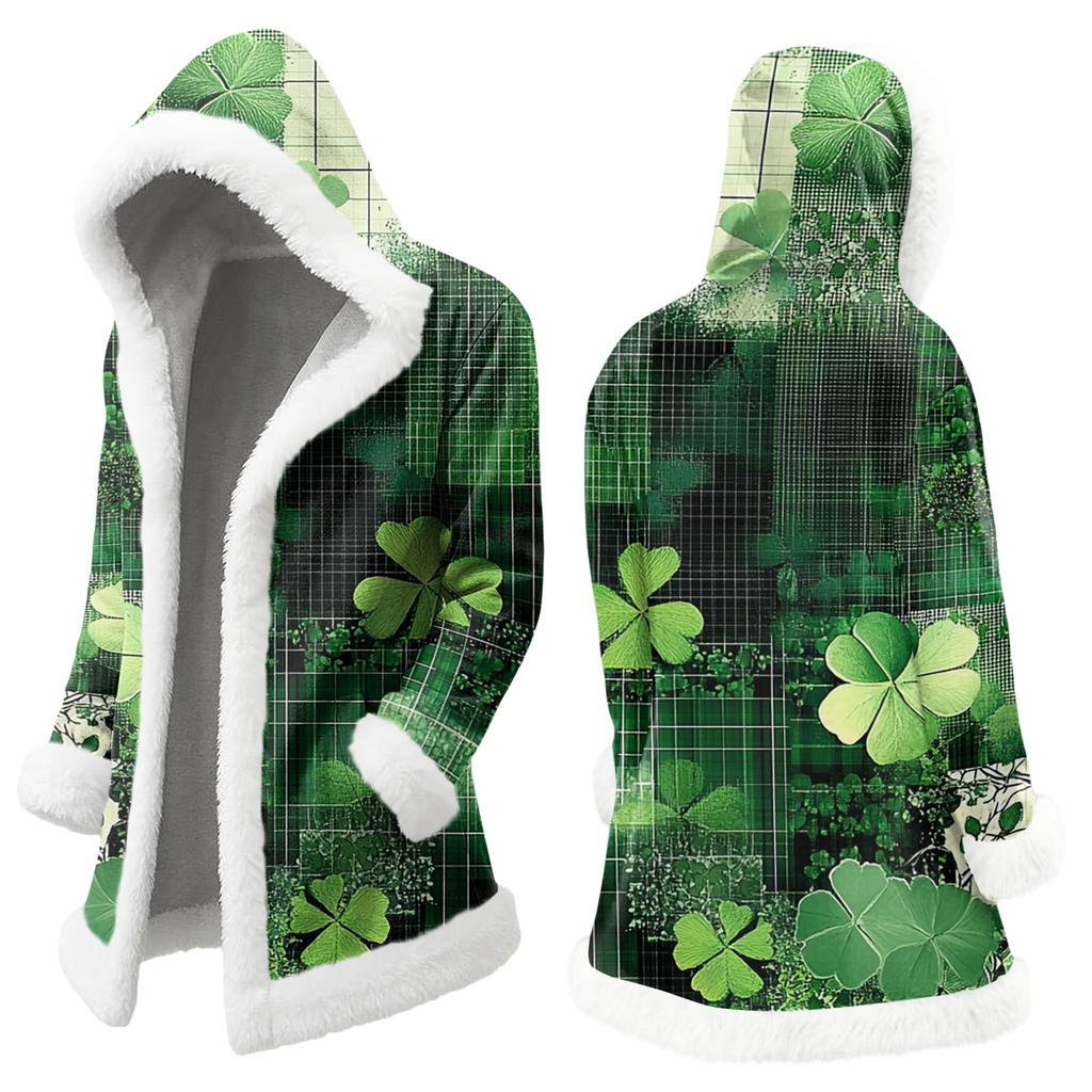 Unisex Casual And Fashionable Plush Collar Hooded Long Sleeved St. Patrick's Print Jacket