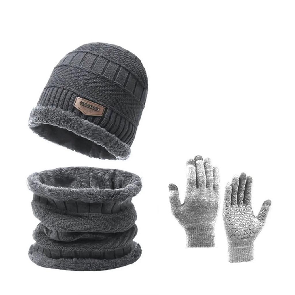 Three-piece Knitted Hat, Winter Warm Hat, Non-slip Screen Gloves, Plus Velvet And Thick Wool Scarf Hat