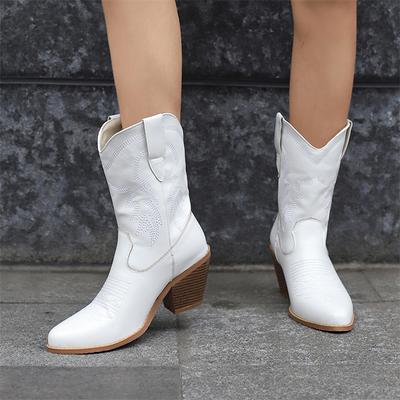 FOREADA Женские короткие ботильоны из искусственной кожи, с круглым носком, на толстом высоком каблуке, с вышивкой, в стиле вестерн, ковбойские сапоги, женская модная обувь, зима 46