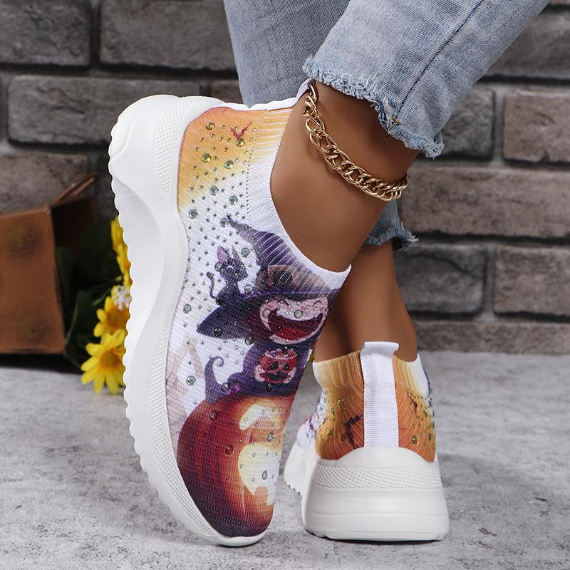 Удобные вязаные носки с рисунком Хэллоуина, женские дышащие сетчатые повседневные туфли с принтом, женские нескользящие кроссовки для ходьбы больших размеров