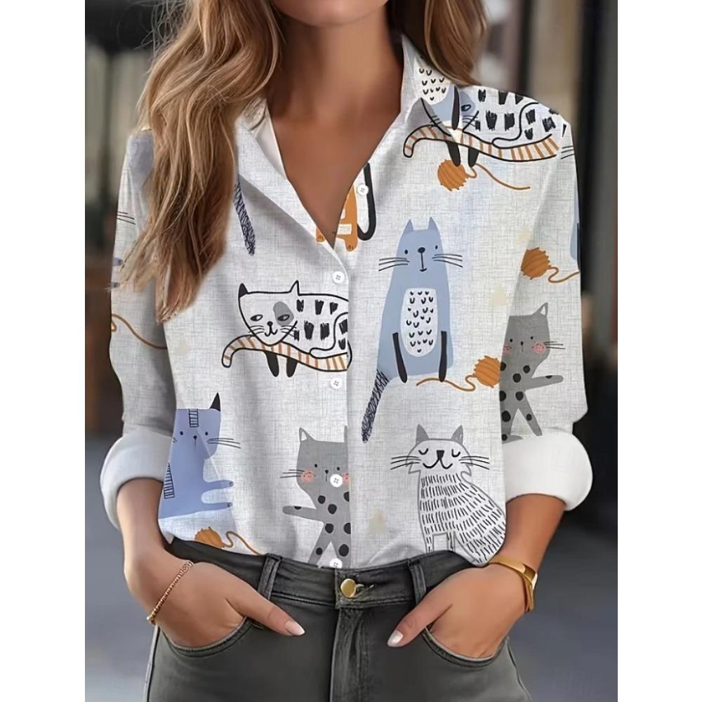 Cat Print Women Blouse Spring Autumn Femme Office Lady Button Up Turn Down Collar Shirts