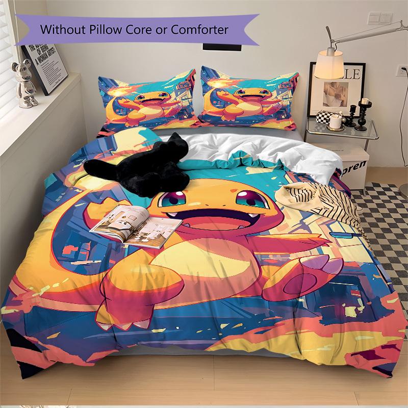 3pcs bedding set Flame Pokémon Includes 1 Comforter + 2 Pillowcases, Without Pillow Inserts, Soft Comfortable, Lightweight Breathable, Print