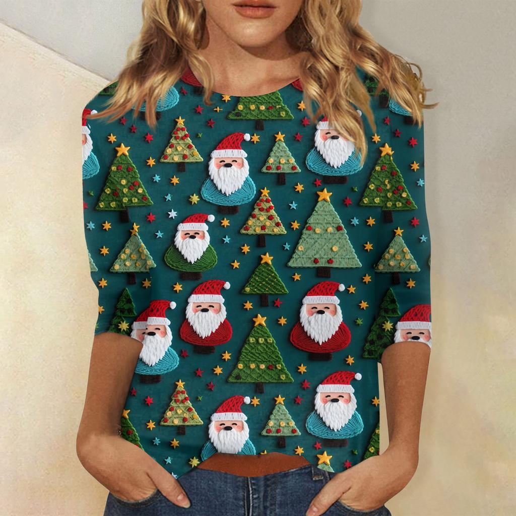 Женская модная повседневная футболка с рукавом три четверти и рождественским принтом, с круглым вырезом