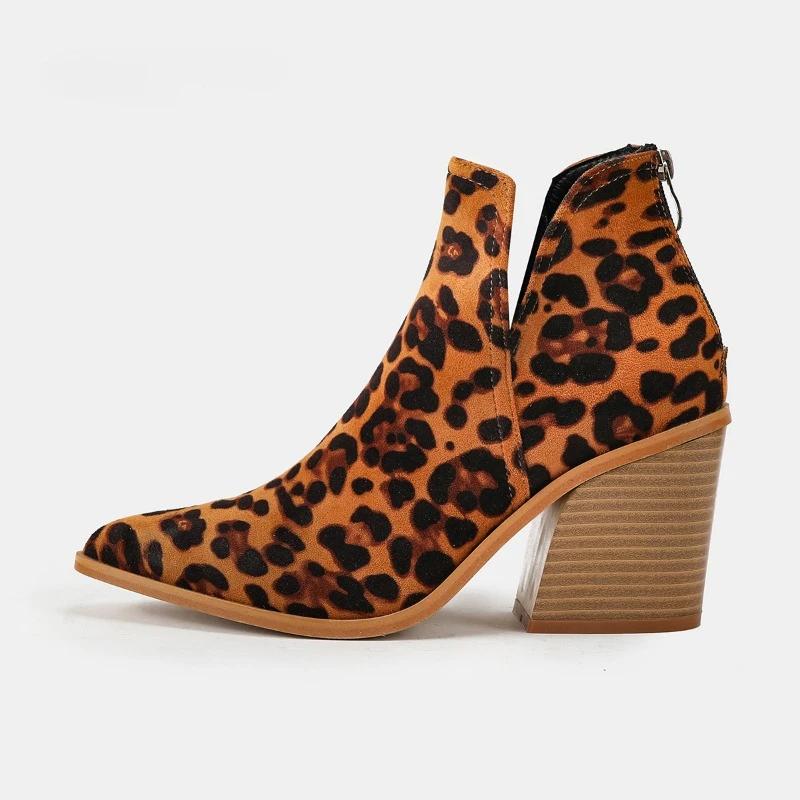 2024 Leopard Print Short Boots for Women European American Chunky Heeled Pointed Bare Boots High Heels Shoes Spring Autumn 2024 New