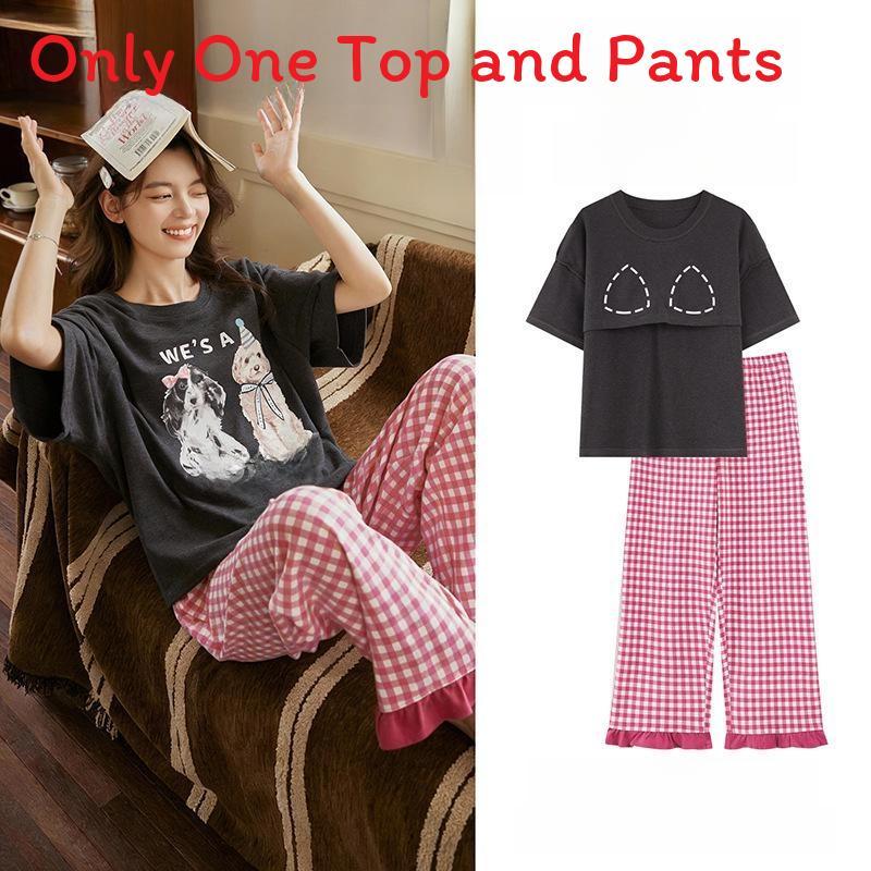 Pure Cotton Summer Sleepwear Set For Women With Chest Padding And Breathable Short Sleeve Long Pants For Home And Outdoors