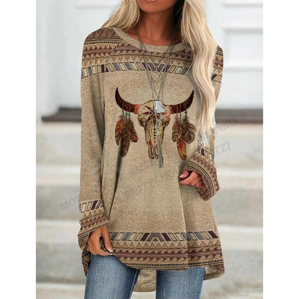 Этническая футболка с 3d принтом, женские модные футболки, повседневные топы с длинными рукавами, футболки с графическим принтом, свободные винтажные футболки в стиле Харадзюку