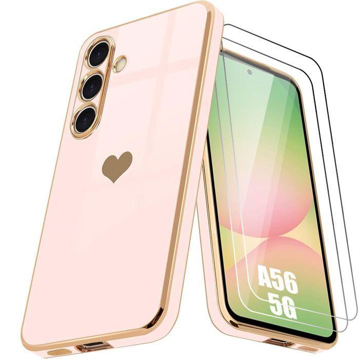 Protective Case - BOOLING - for Samsung Galaxy A56 5G - Shockproof - Flexible - Pink Heart Pattern - with 2 Tempered Glasses