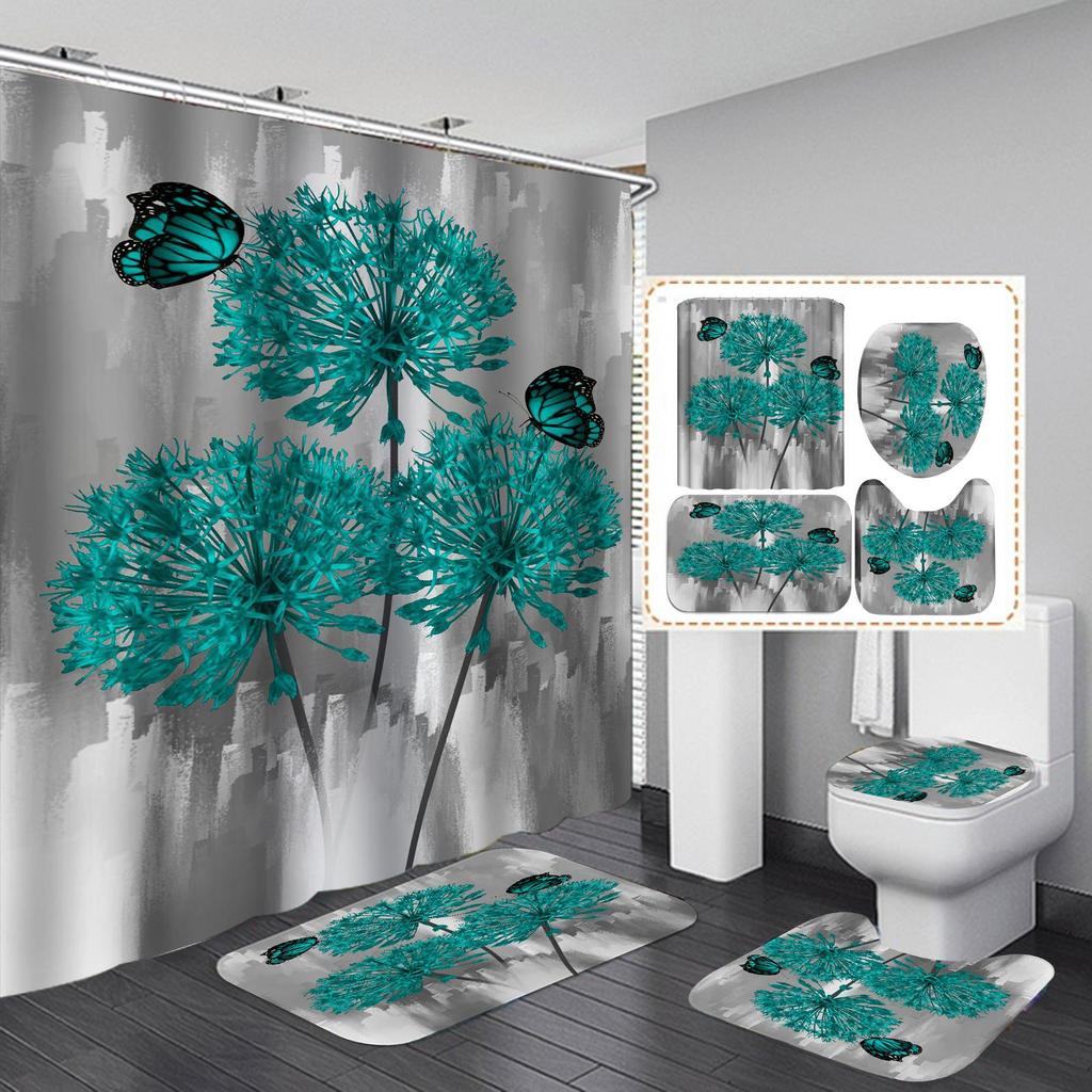 4 PCS Full Set Bathroom Set Shower Curtain Bath Non-Slip Floor Mat Carpet Home Bathroom