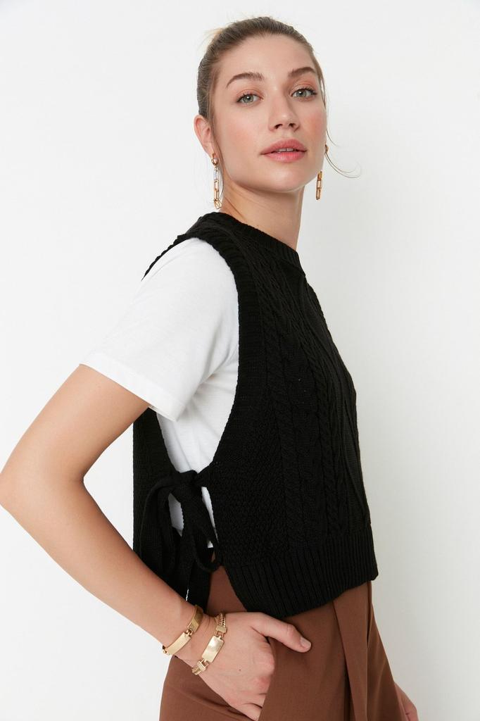 Женский модный стильный свитер, укороченный камень с боковой лентой и галстуком-бабочкой, подробный трикотажный свитер