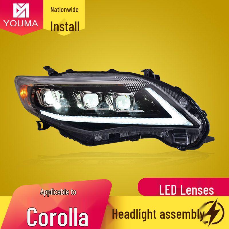 Светодиодные фары Toyota Corolla 2011-2013 с динамическими дневными ходовыми огнями и бегущими указателями поворота.
