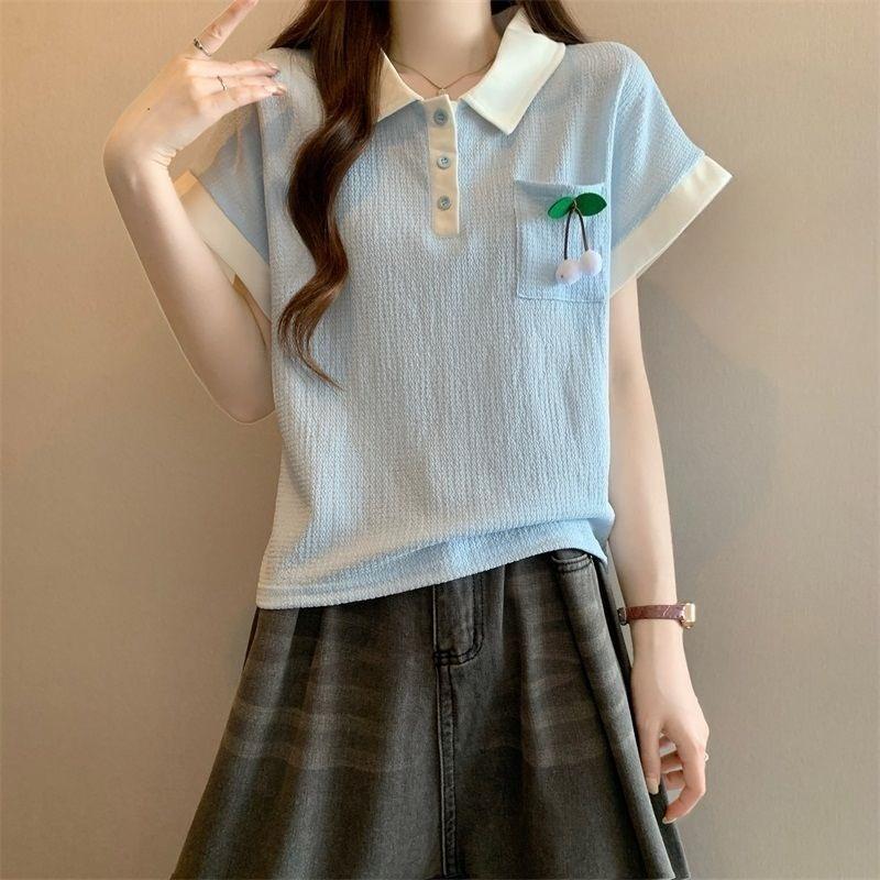Cherry Decorative Women's T-shirt Color Blocking Turn Down Collar Half Button Short Sleeved Tees Summer New Version Loose Casual Lady Top