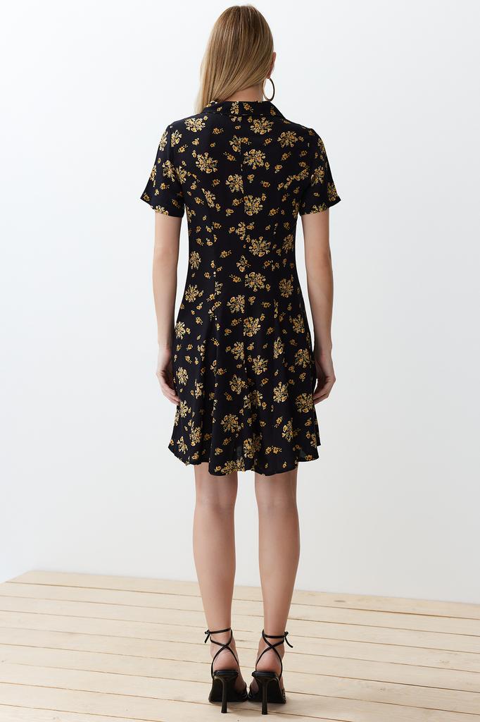 Женское платье, новый сезон, модное черное тканое мини-платье-рубашка с цветочным узором