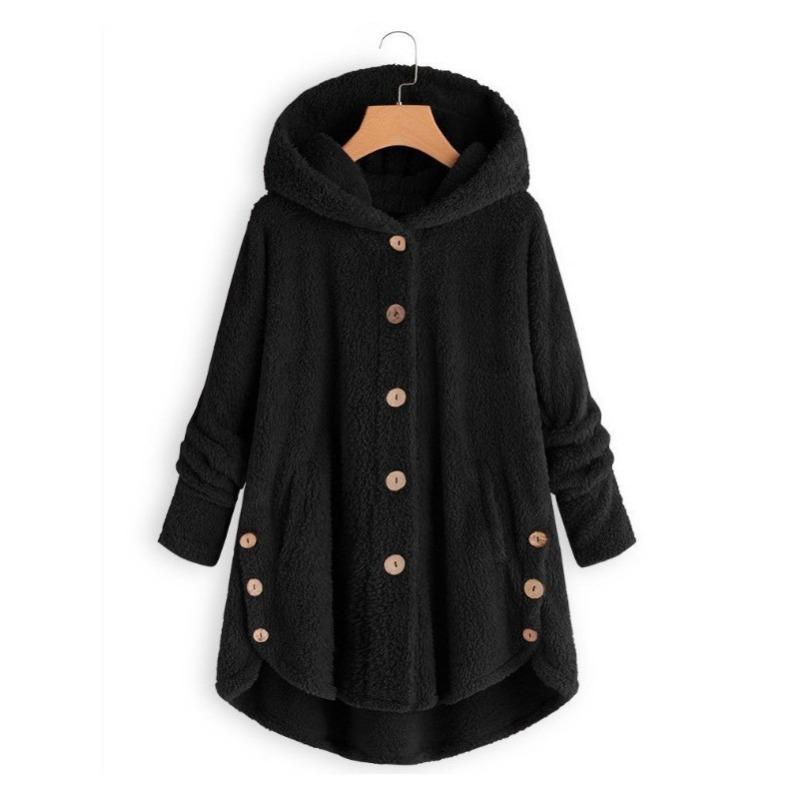 Women's Coat Button Plush Solid Color Hooded Jacket