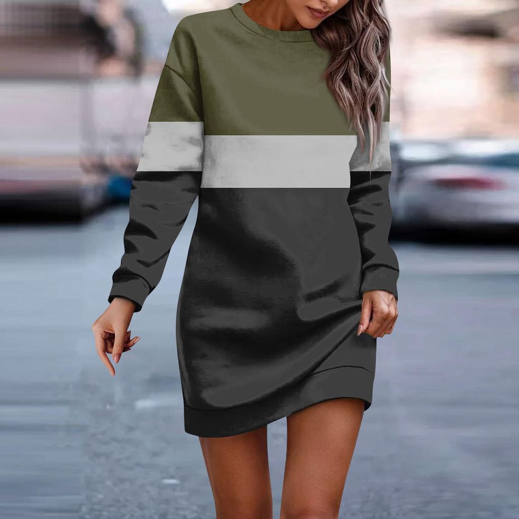 Women's Round Neck Striped Patchwork Printed Long Sleeve Hip Dress Sweatshirt Dresses