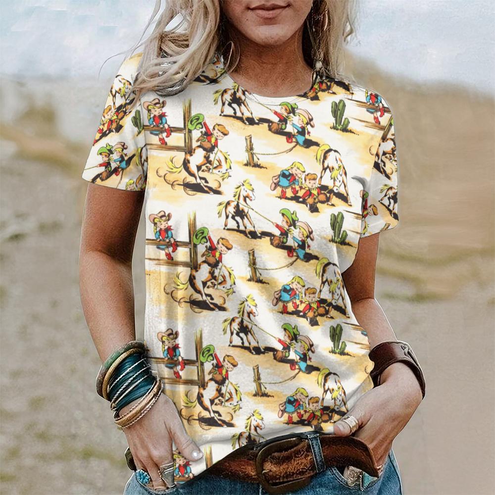 Summer Women T-Shirts Short Sleeved West Cowboy Horse Print Tops 2024 Fashion Blouse For Women Oversized Vintage Female Clothing