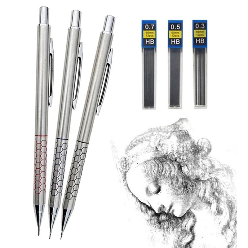0.5 0.7 0.9mm Metal Mechanical Pencil With Eraser Set 2b/hb Lead Art Sketch Drawing Supplies Automatic Pencil Writing Stationery