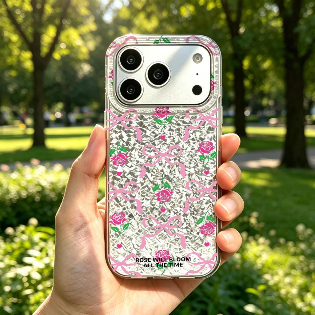 Чехол для iphone 11 16 Plus 15 XR 17 Pro XS Max 12 13 14 18 Pro Max Air Серебристый Блеск Трескающийся Фон Банты и Розы