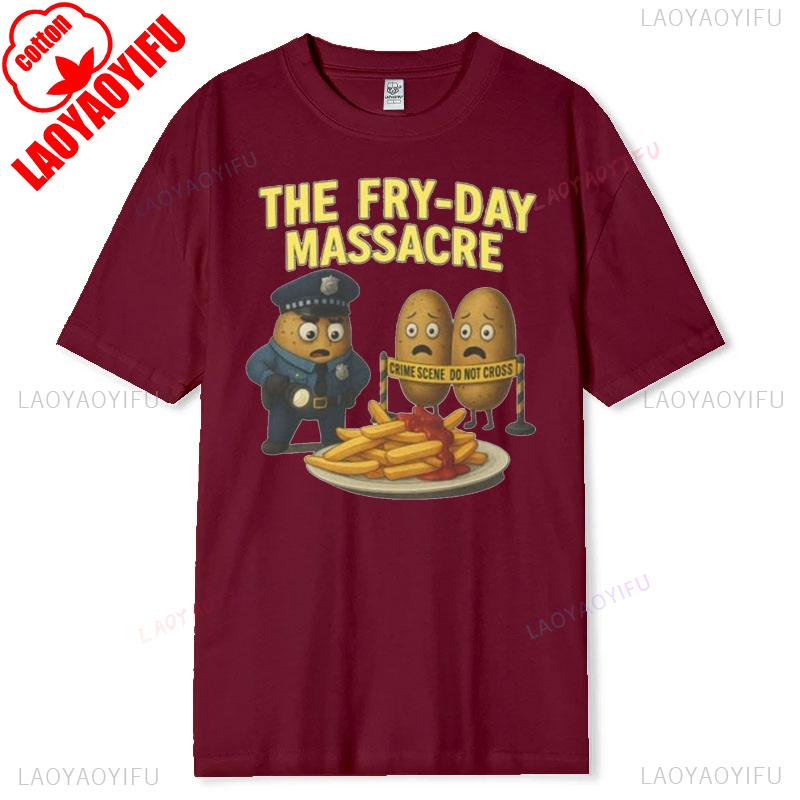 Funny FryDay Massacre Softstyle TShirt Potato Graphic Tee Dark Food Humor Shirt for French Fry Lovers Pun Fans Unisex Wear