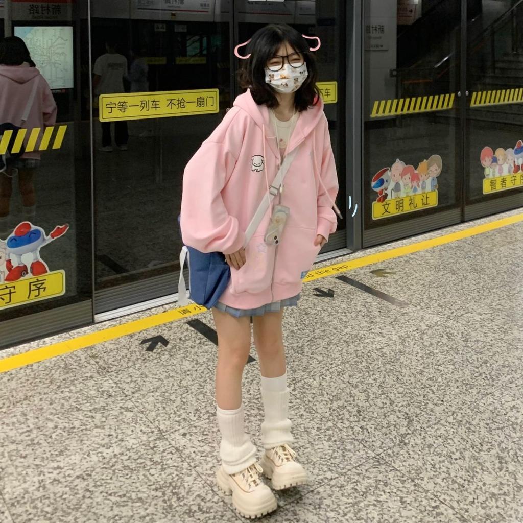 Harajuku Kawaii розовая толстовка на молнии женская милая милая мультяшная бежевая кофта с капюшоном оверсайз корейский флисовый девчачий синий топ
