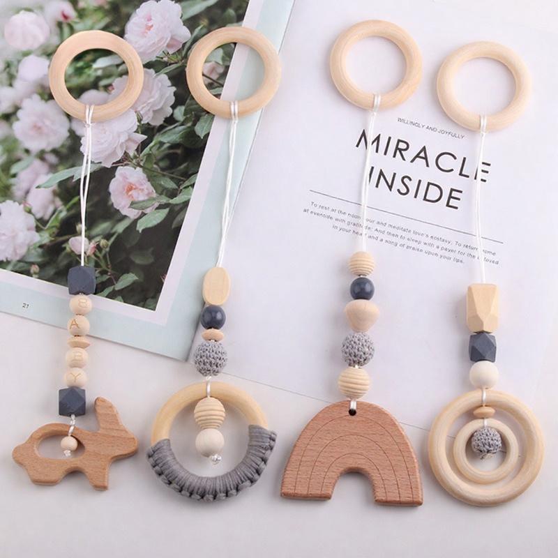 4pcs Organic Rainbow Beech Wood Soft Teether Baby Teething Toy Gift Set Food Grade BPA Free Safe Newborn Infant Beads 30cm