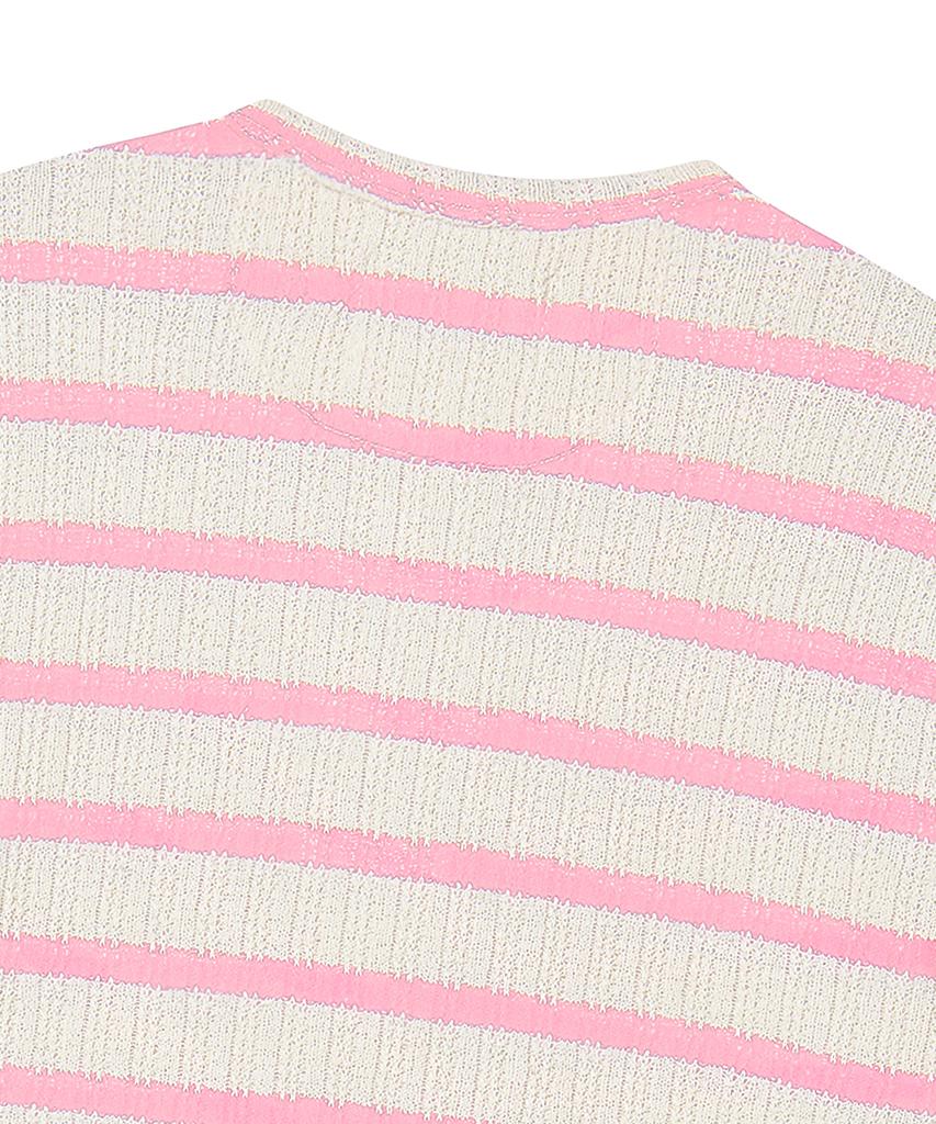BEYOND CLOSET [Collection Line] Lux Cotton Stripe Henley Neck Short Sleeve Knit Pink